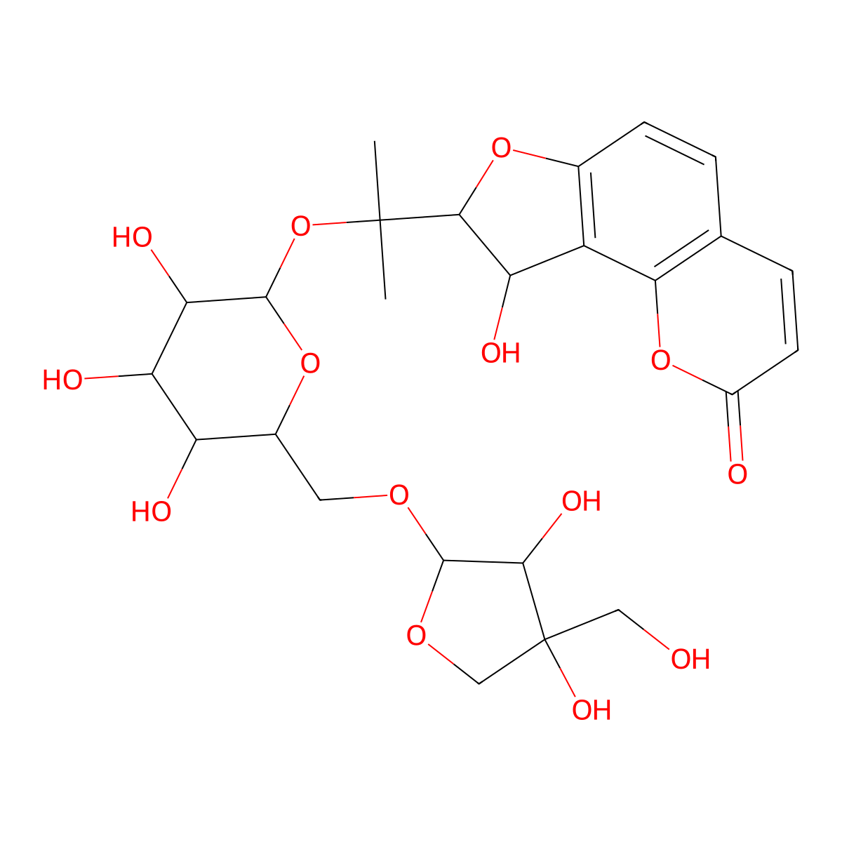 (9R)-8-[2-[(2S,3R,4S,5S,6R)-6-[[(2R,3R,4R)-3,4-dihydroxy-4-(hydroxymethyl)oxolan-2-yl]oxymethyl]-3,4,5-trihydroxyoxan-2-yl]oxypropan-2-yl]-9-hydroxy-8,9-dihydrofuro[2,3-h]chromen-2-one molecular structure, CAS 2188162-94-7