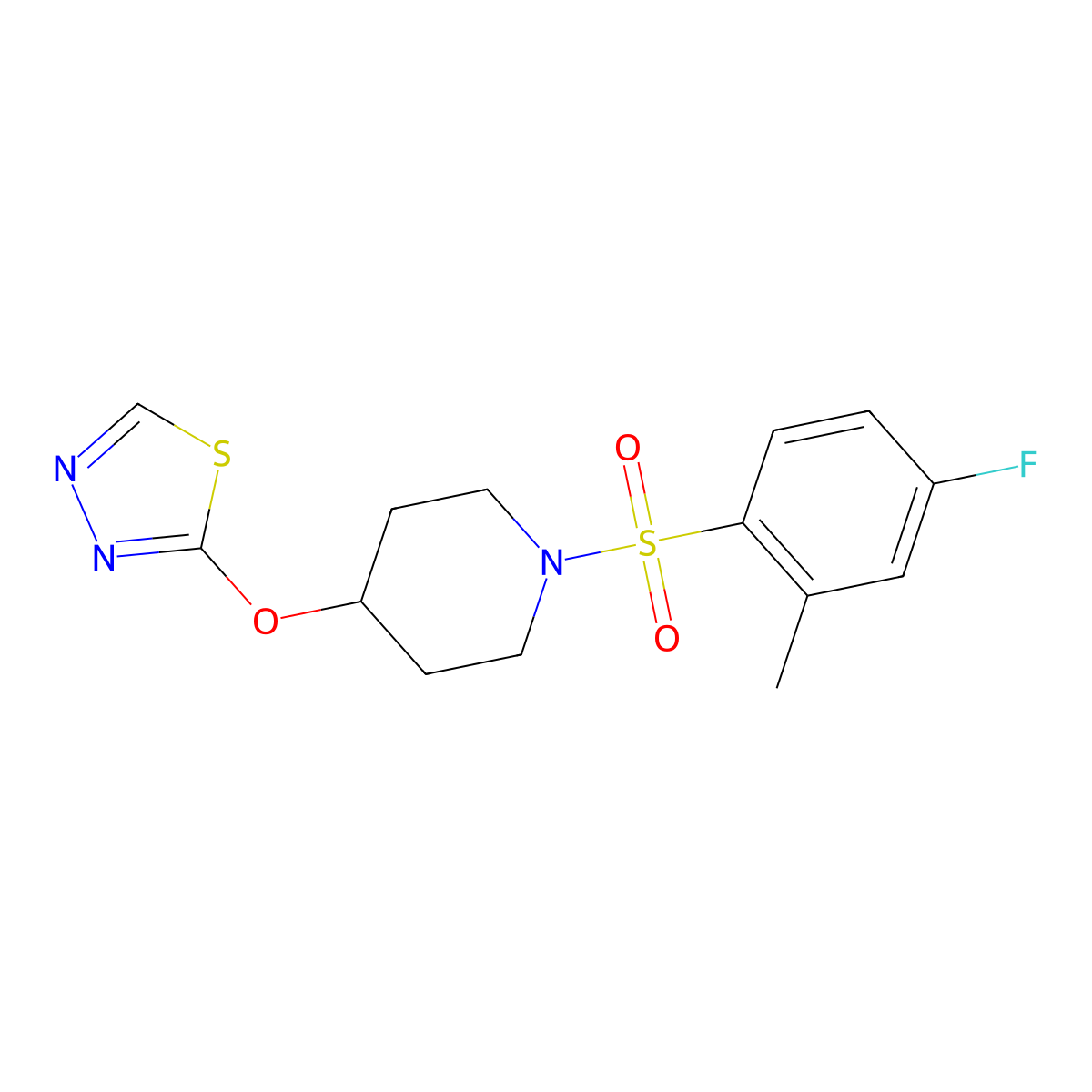 2-((1-((4-Fluoro-2-methylphenyl)sulfonyl)piperidin-4-yl)oxy)-1,3,4-thiadiazole molecular structure, CAS 2188202-81-3