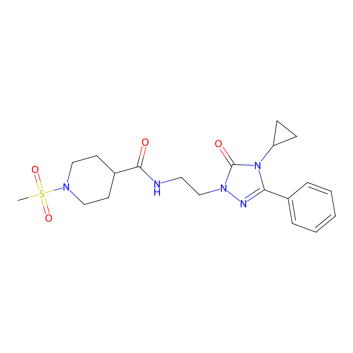 N-[2-(4-cyclopropyl-5-oxo-3-phenyl-4,5-dihydro-1H-1,2,4-triazol-1-yl)ethyl]-1-methanesulfonylpiperidine-4-carboxamide molecular structure, CAS 2188202-91-5