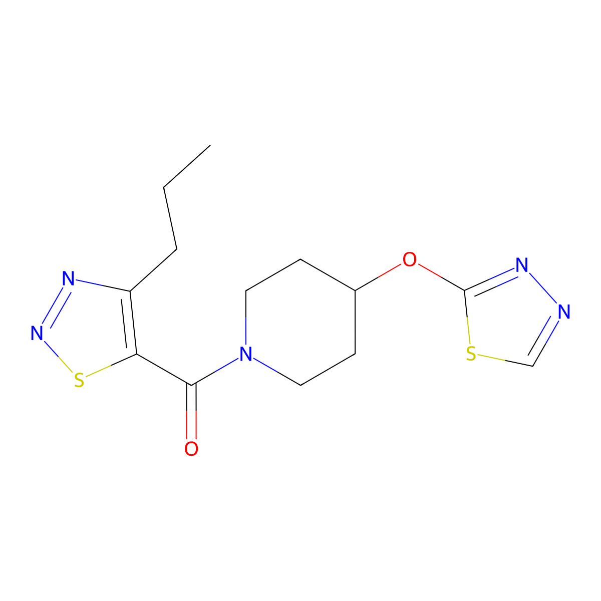 (4-((1,3,4-Thiadiazol-2-yl)oxy)piperidin-1-yl)(4-propyl-1,2,3-thiadiazol-5-yl)methanone molecular structure, CAS 2188203-05-4
