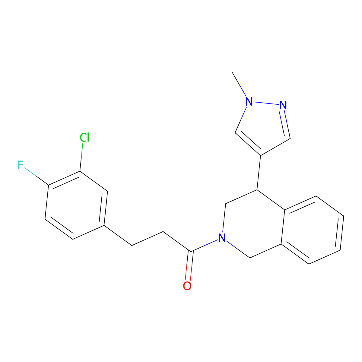 3-(3-chloro-4-fluorophenyl)-1-(4-(1-methyl-1H-pyrazol-4-yl)-3,4-dihydroisoquinolin-2(1H)-yl)propan-1-one molecular structure, CAS 2188203-09-8