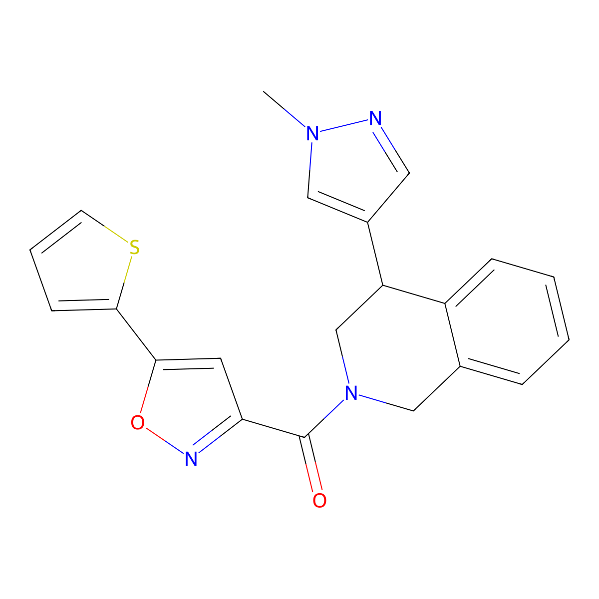 (4-(1-methyl-1H-pyrazol-4-yl)-3,4-dihydroisoquinolin-2(1H)-yl)(5-(thiophen-2-yl)isoxazol-3-yl)methanone molecular structure, CAS 2188203-13-4