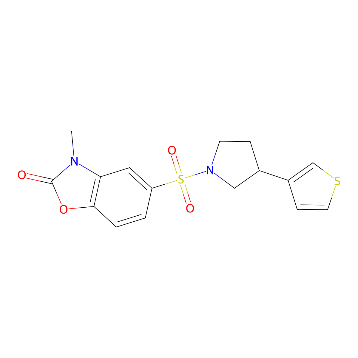 3-Methyl-5-{[3-(thiophen-3-yl)pyrrolidin-1-yl]sulfonyl}-2,3-dihydro-1,3-benzoxazol-2-one molecular structure, CAS 2188279-17-4