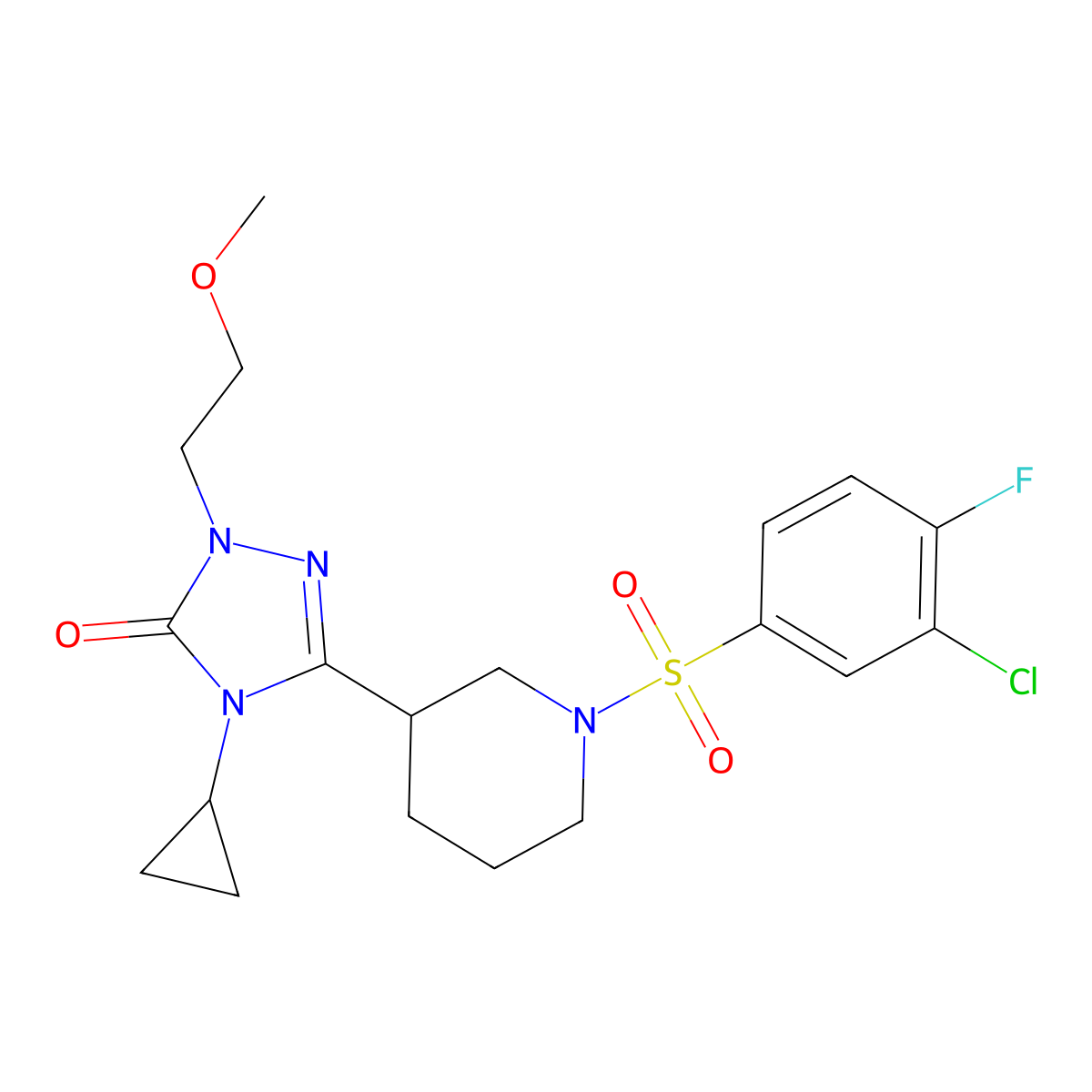 3-(1-((3-chloro-4-fluorophenyl)sulfonyl)piperidin-3-yl)-4-cyclopropyl-1-(2-methoxyethyl)-1H-1,2,4-triazol-5(4H)-one molecular structure, CAS 2188279-37-8