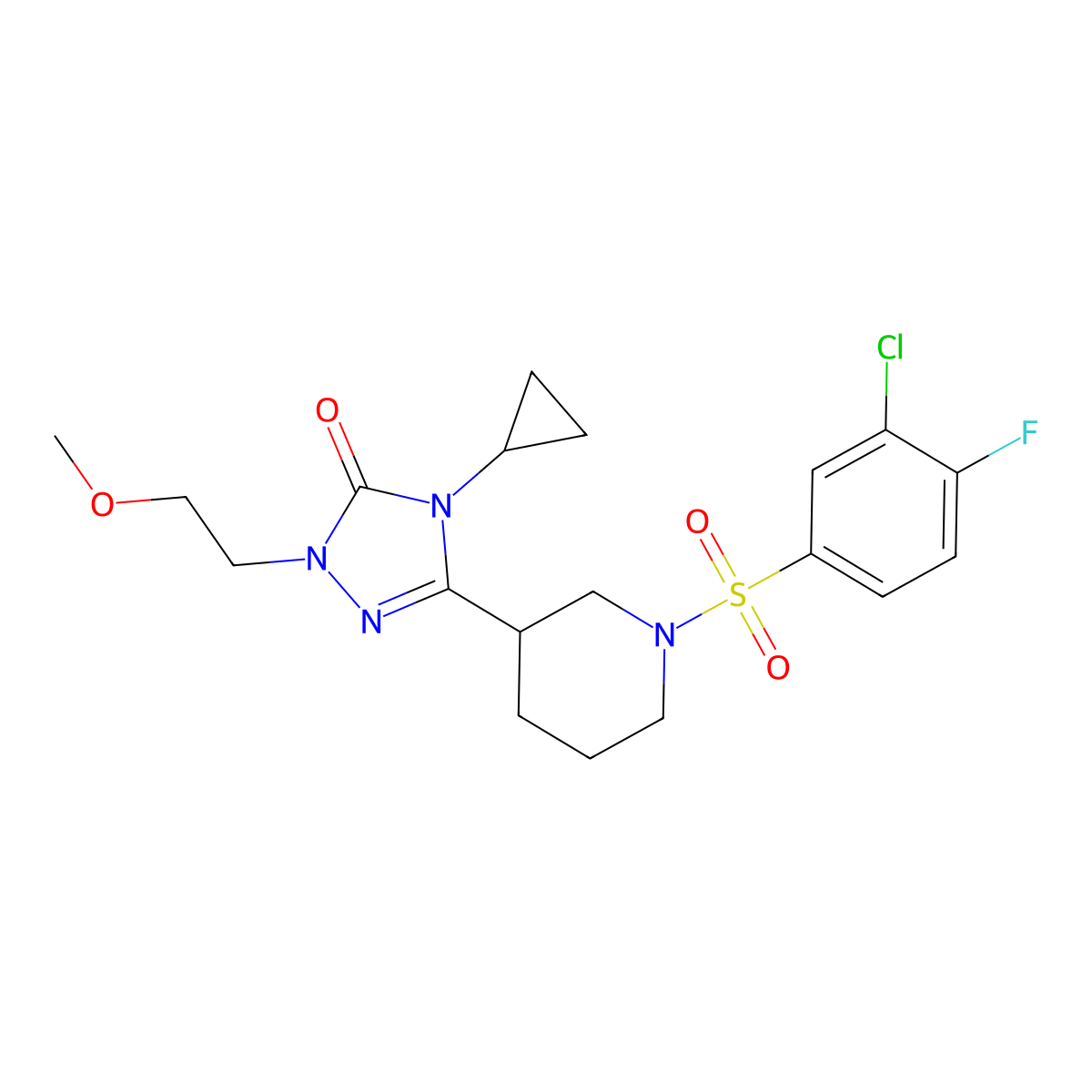 3-(1-((3-chloro-4-fluorophenyl)sulfonyl)piperidin-3-yl)-4-cyclopropyl-1-(2-methoxyethyl)-1H-1,2,4-triazol-5(4H)-one molecular structure, CAS 2188279-37-8