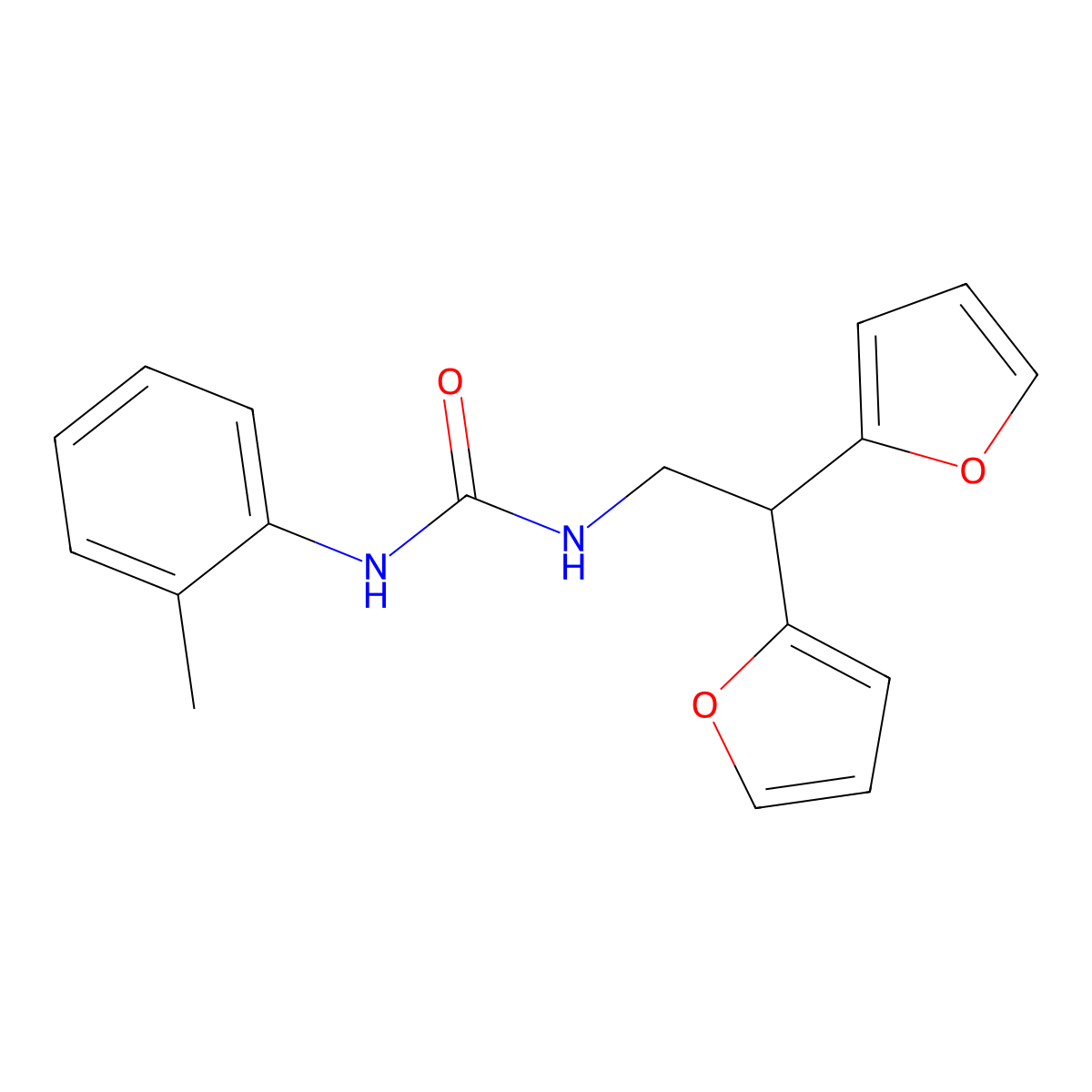 1-(2,2-Di(furan-2-yl)ethyl)-3-(o-tolyl)urea molecular structure, CAS 2188279-39-0