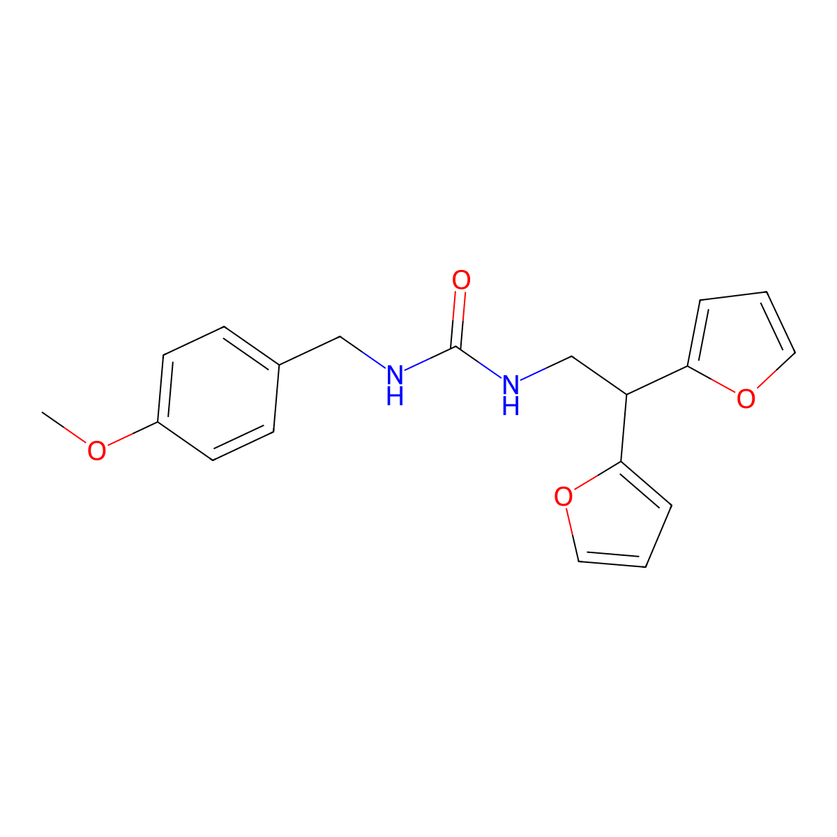 3-[2,2-Bis(furan-2-yl)ethyl]-1-[(4-methoxyphenyl)methyl]urea molecular structure, CAS 2188279-48-1