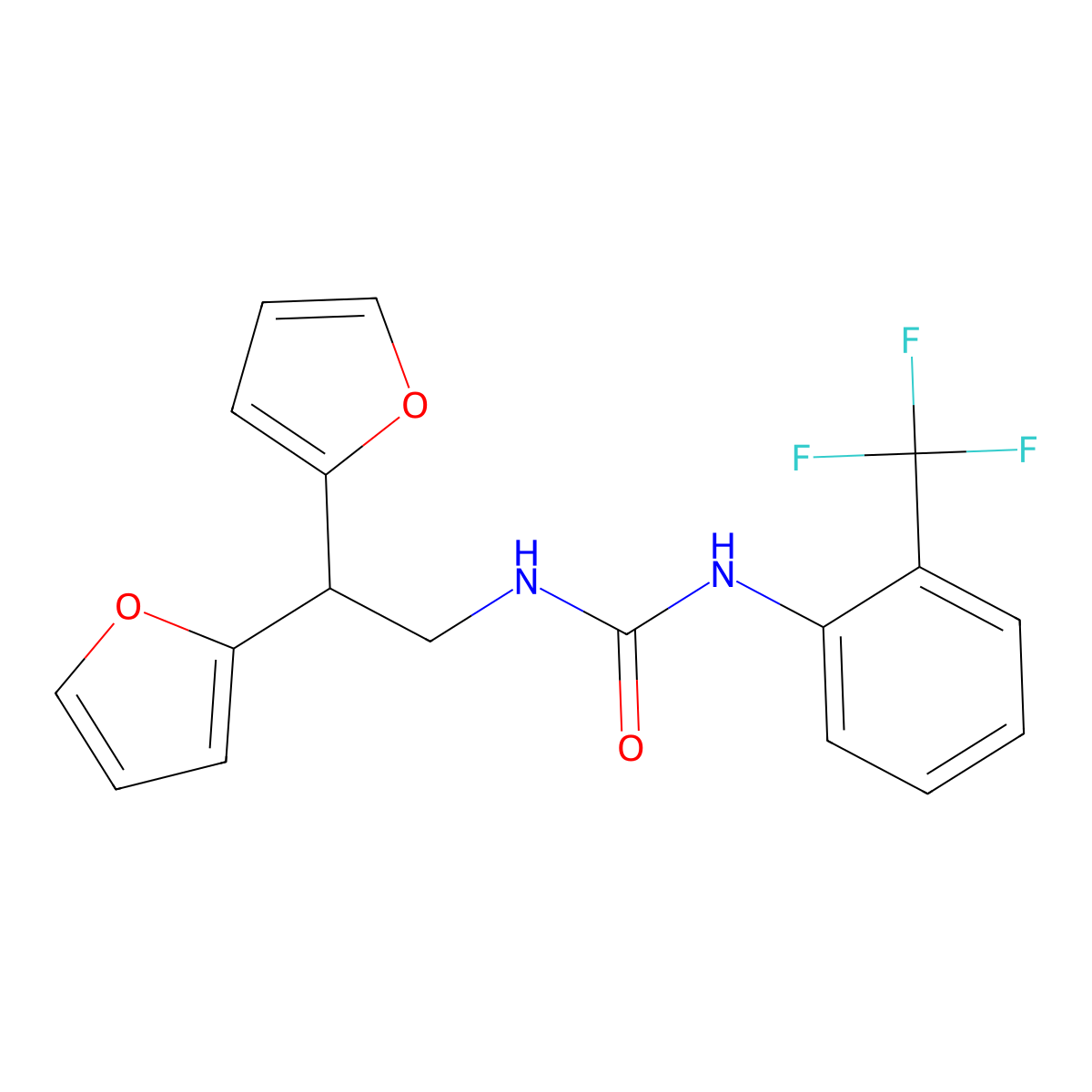 3-[2,2-Bis(furan-2-yl)ethyl]-1-[2-(trifluoromethyl)phenyl]urea molecular structure, CAS 2188279-50-5