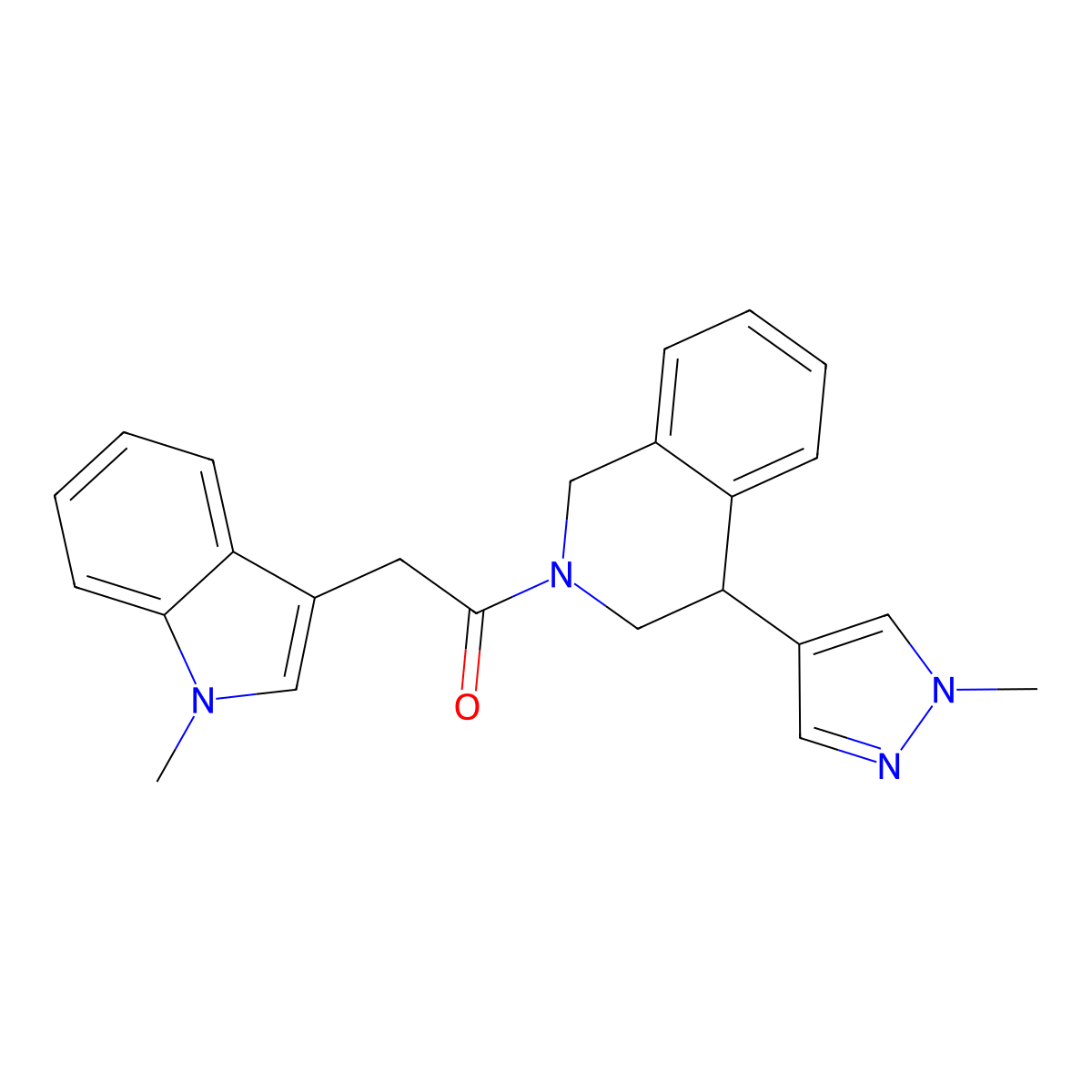 2-(1-methyl-1H-indol-3-yl)-1-(4-(1-methyl-1H-pyrazol-4-yl)-3,4-dihydroisoquinolin-2(1H)-yl)ethanone molecular structure, CAS 2188279-53-8