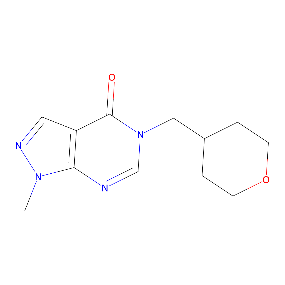 1-methyl-5-[(oxan-4-yl)methyl]-1H,4H,5H-pyrazolo[3,4-d]pyrimidin-4-one molecular structure, CAS 2188743-85-1