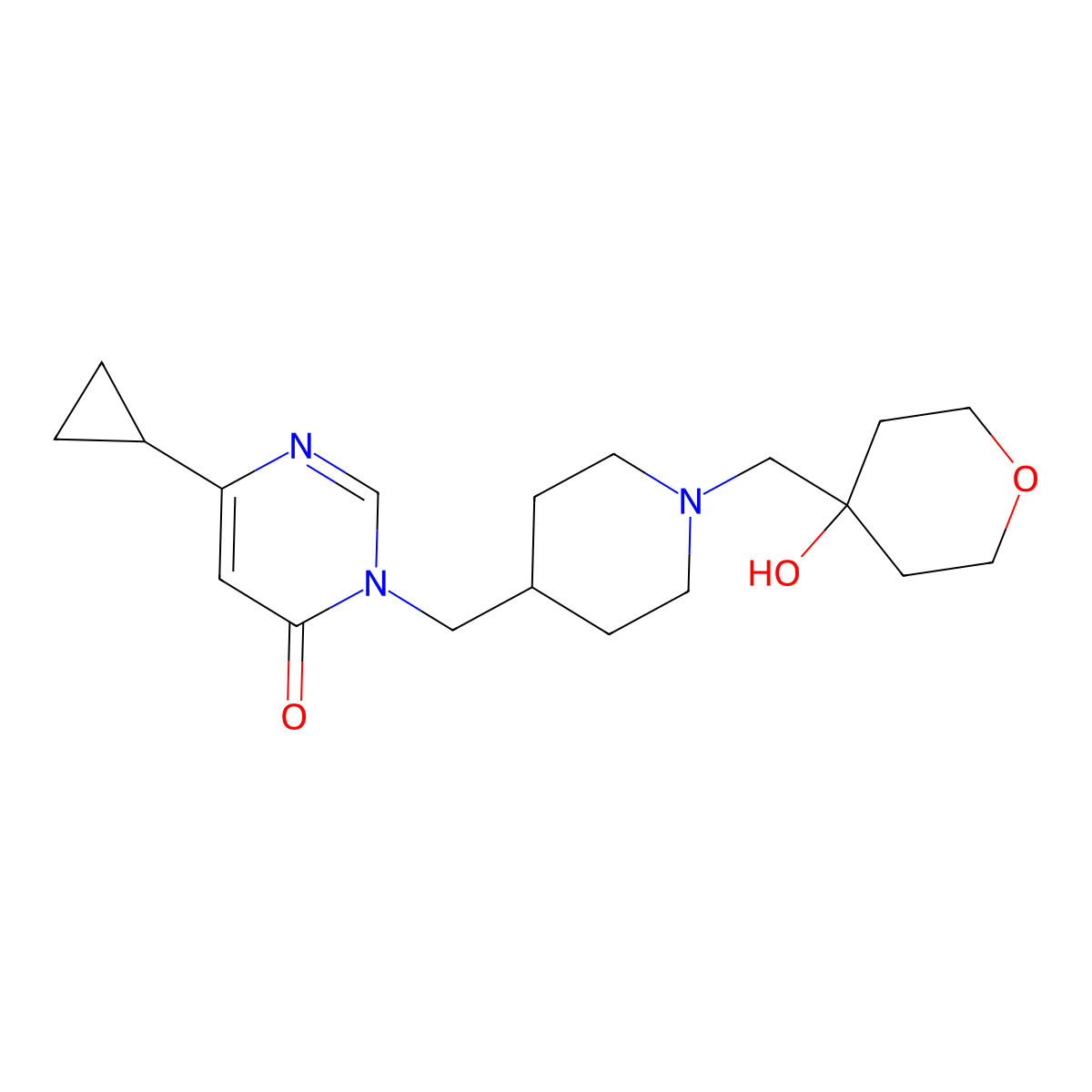 6-Cyclopropyl-3-({1-[(4-hydroxyoxan-4-yl)methyl]piperidin-4-yl}methyl)-3,4-dihydropyrimidin-4-one molecular structure, CAS 2189434-05-5