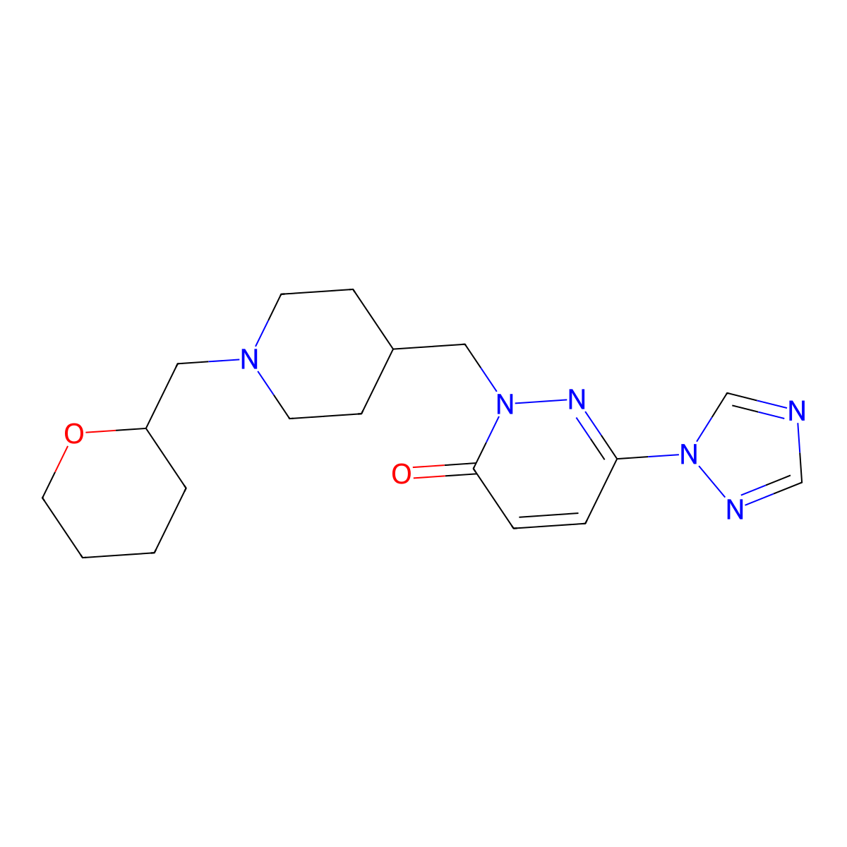 2-({1-[(oxan-2-yl)methyl]piperidin-4-yl}methyl)-6-(1H-1,2,4-triazol-1-yl)-2,3-dihydropyridazin-3-one molecular structure, CAS 2189434-07-7