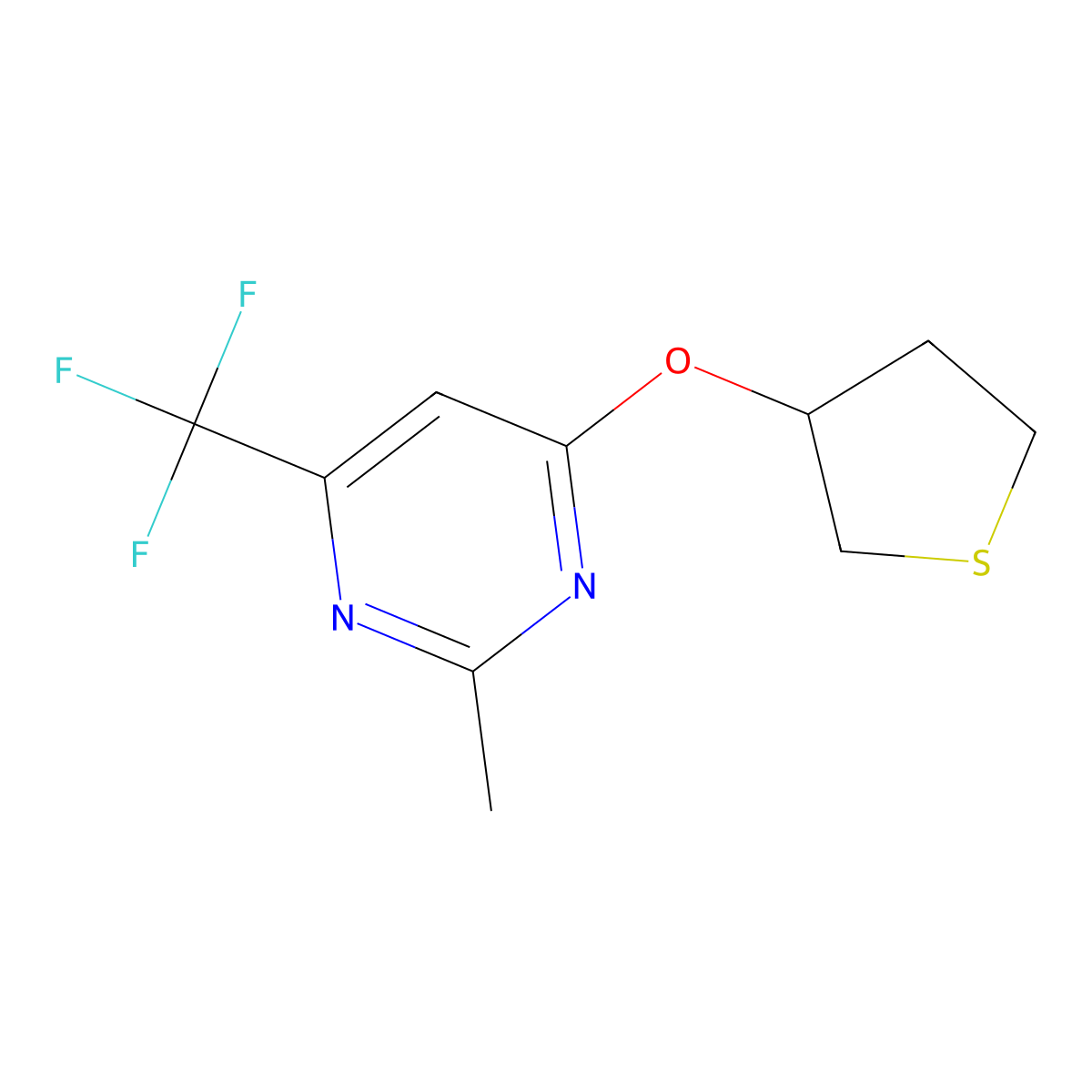 2-Methyl-4-(thiolan-3-yloxy)-6-(trifluoromethyl)pyrimidine molecular structure, CAS 2189434-22-6
