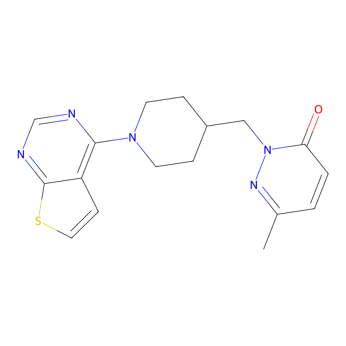 6-Methyl-2-[(1-{thieno[2,3-d]pyrimidin-4-yl}piperidin-4-yl)methyl]-2,3-dihydropyridazin-3-one molecular structure, CAS 2189434-43-1