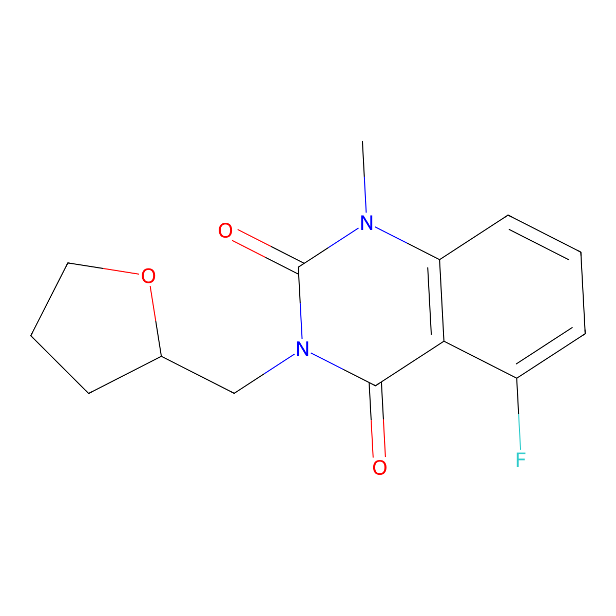5-fluoro-1-methyl-3-((tetrahydrofuran-2-yl)methyl)quinazoline-2,4(1H,3H)-dione molecular structure, CAS 2189434-70-4
