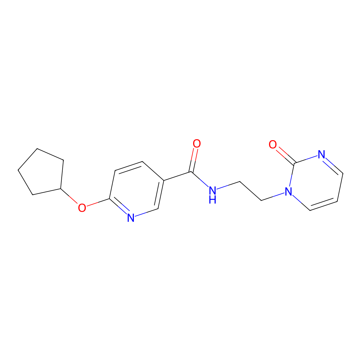 6-(cyclopentyloxy)-N-[2-(2-oxo-1,2-dihydropyrimidin-1-yl)ethyl]pyridine-3-carboxamide molecular structure, CAS 2189434-73-7