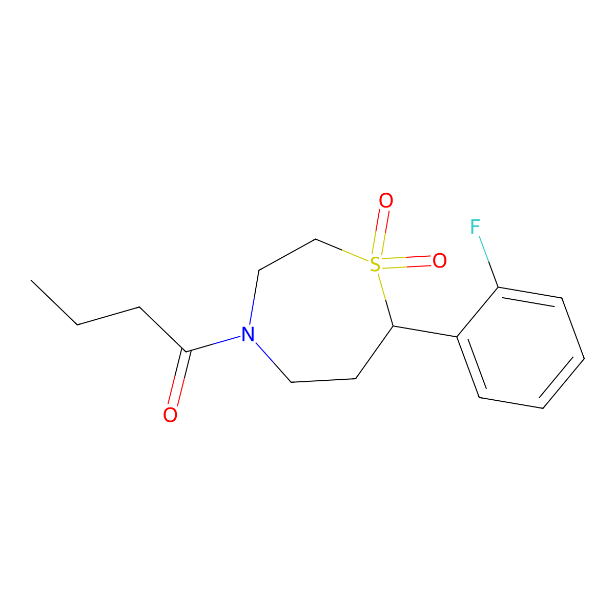4-Butanoyl-7-(2-fluorophenyl)-1lambda6,4-thiazepane-1,1-dione molecular structure, CAS 2189434-86-2