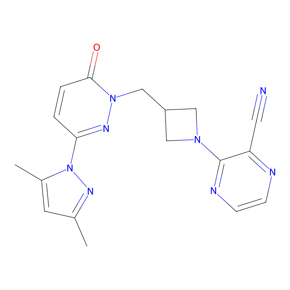 3-(3-{[3-(3,5-dimethyl-1H-pyrazol-1-yl)-6-oxo-1,6-dihydropyridazin-1-yl]methyl}azetidin-1-yl)pyrazine-2-carbonitrile molecular structure, CAS 2189434-87-3