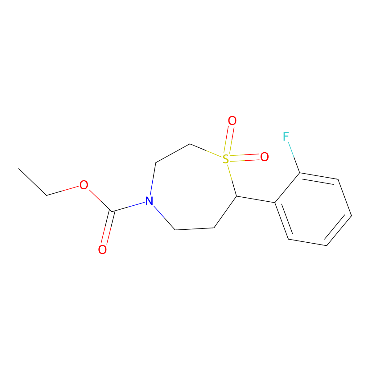 Ethyl 7-(2-fluorophenyl)-1,4-thiazepane-4-carboxylate 1,1-dioxide molecular structure, CAS 2189434-91-9