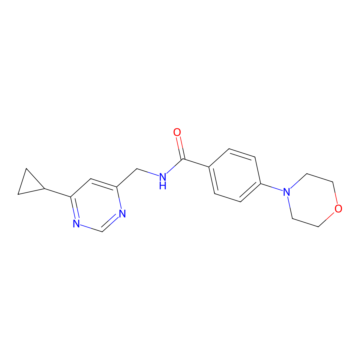N-((6-cyclopropylpyrimidin-4-yl)methyl)-4-morpholinobenzamide molecular structure, CAS 2189498-26-6