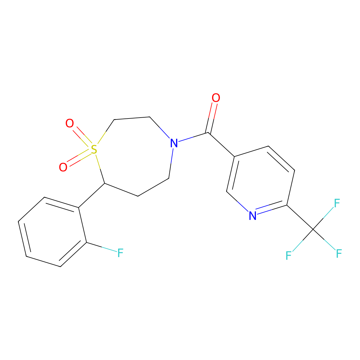 (7-(2-Fluorophenyl)-1,1-dioxido-1,4-thiazepan-4-yl)(6-(trifluoromethyl)pyridin-3-yl)methanone molecular structure, CAS 2189499-15-6