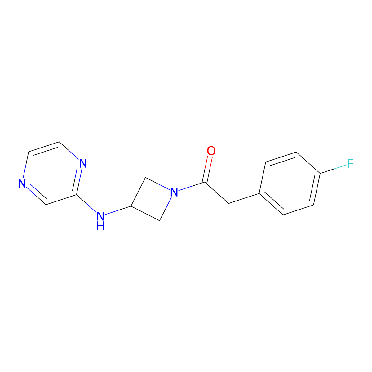 2-(4-Fluorophenyl)-1-(3-(pyrazin-2-ylamino)azetidin-1-yl)ethan-1-one molecular structure, CAS 2189499-50-9