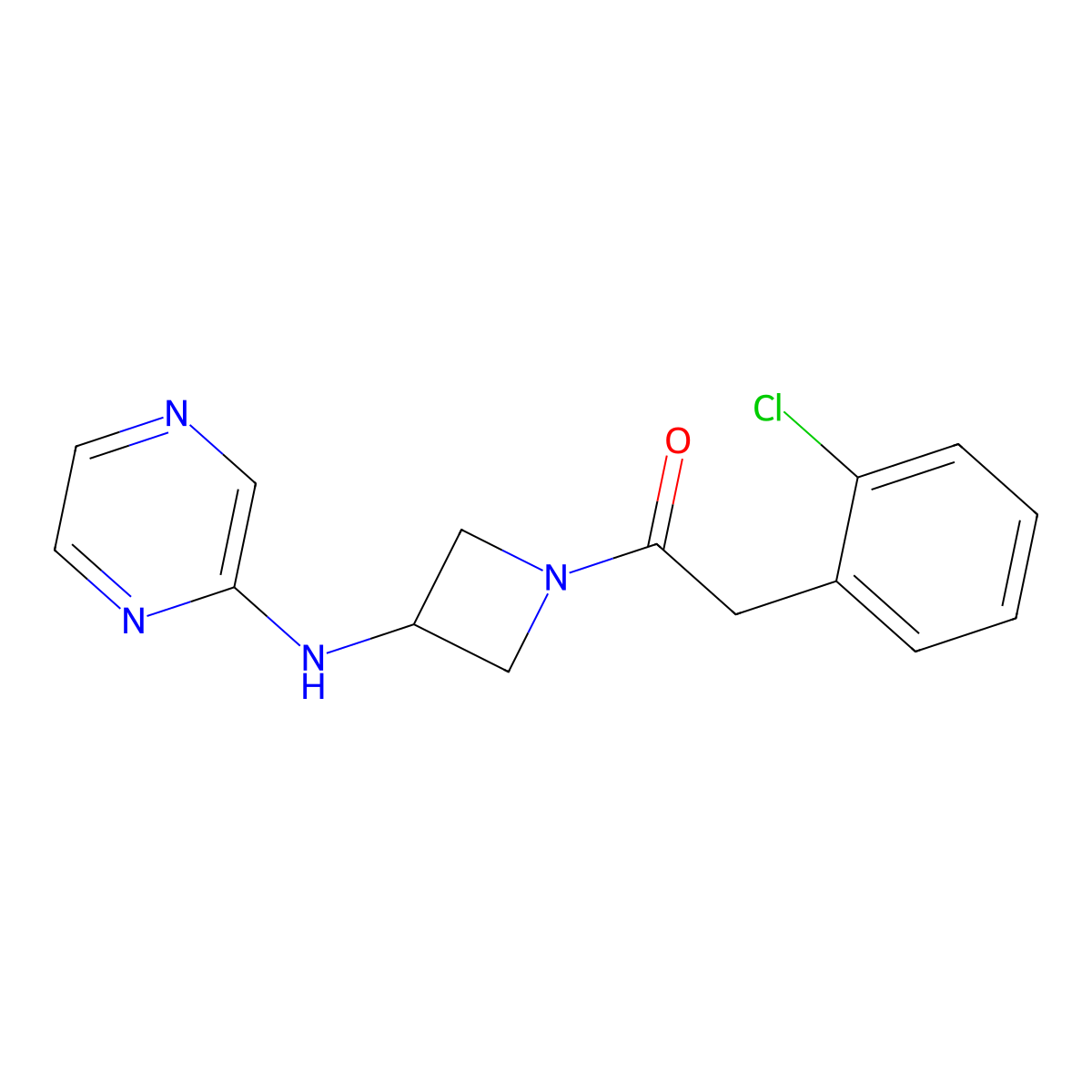 2-(2-Chlorophenyl)-1-{3-[(pyrazin-2-yl)amino]azetidin-1-yl}ethan-1-one molecular structure, CAS 2189499-78-1