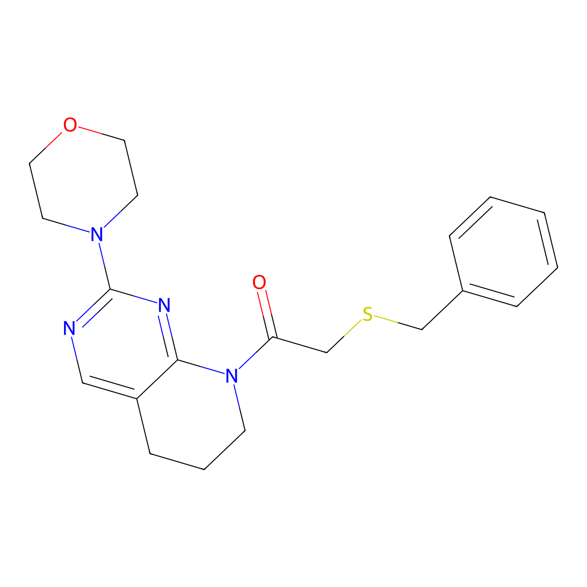 2-(benzylsulfanyl)-1-[2-(morpholin-4-yl)-5H,6H,7H,8H-pyrido[2,3-d]pyrimidin-8-yl]ethan-1-one molecular structure, CAS 2189499-97-4