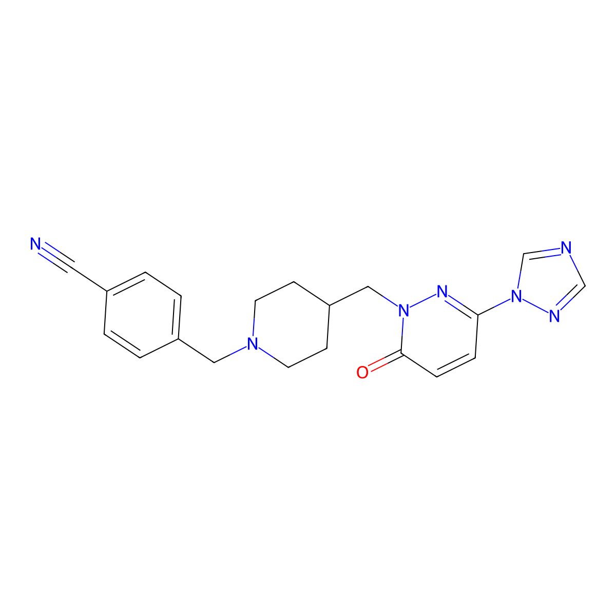 4-[(4-{[6-oxo-3-(1H-1,2,4-triazol-1-yl)-1,6-dihydropyridazin-1-yl]methyl}piperidin-1-yl)methyl]benzonitrile molecular structure, CAS 2189500-10-3
