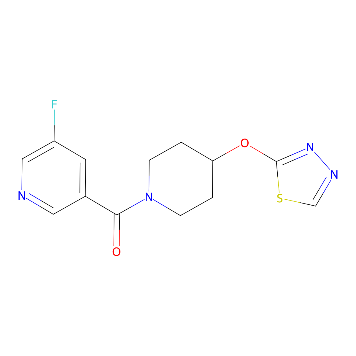 3-Fluoro-5-[4-(1,3,4-thiadiazol-2-yloxy)piperidine-1-carbonyl]pyridine molecular structure, CAS 2189500-12-5