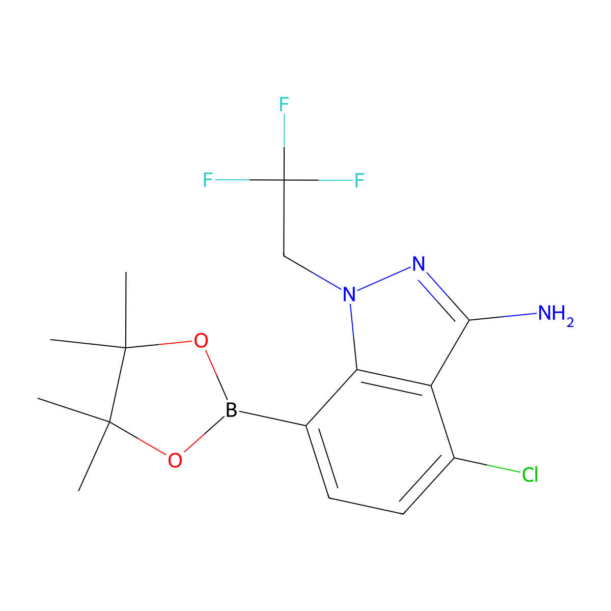 4-Chloro-7-(4,4,5,5-tetramethyl-1,3,2-dioxaborolan-2-yl)-1-(2,2,2-trifluoroethyl)-1H-indazol-3-amine molecular structure, CAS 2189684-53-3