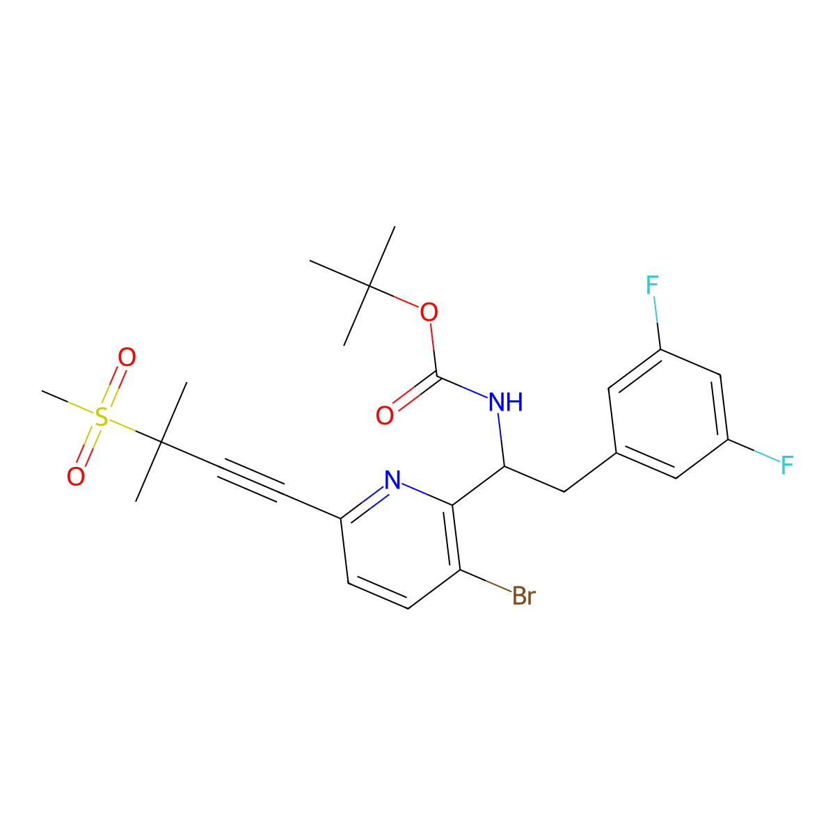 tert-Butyl (S)-(1-(3-bromo-6-(3-methyl-3-(methylsulfonyl)but-1-yn-1-yl)pyridin-2-yl)-2-(3,5-difluorophenyl)ethyl)carbamate molecular structure, CAS 2189684-54-4