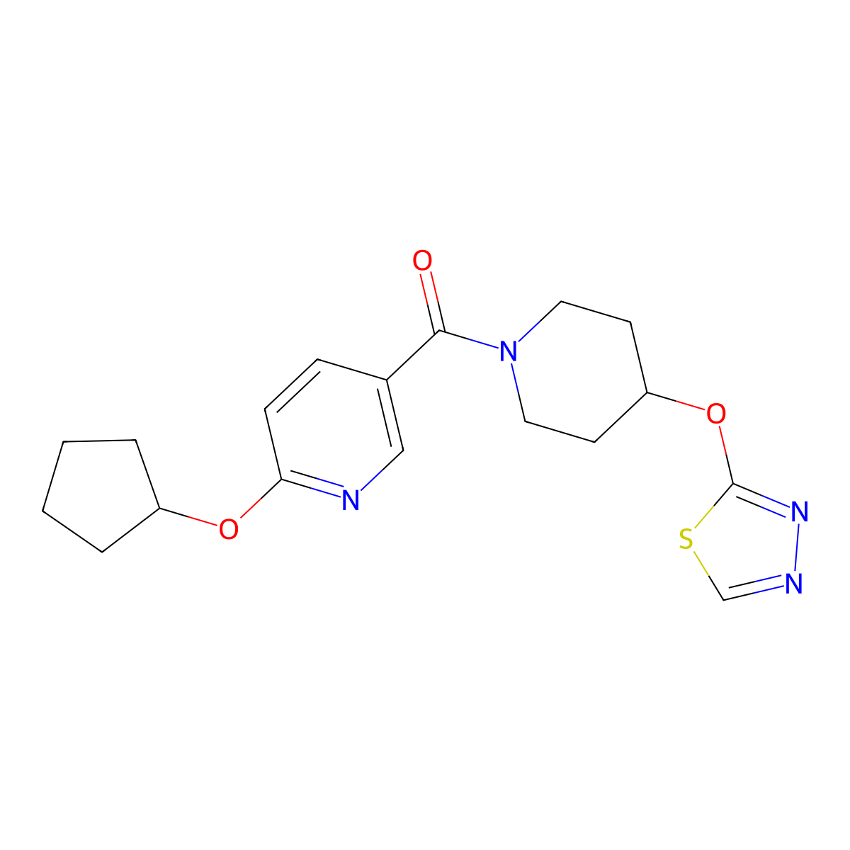 2-(Cyclopentyloxy)-5-[4-(1,3,4-thiadiazol-2-yloxy)piperidine-1-carbonyl]pyridine molecular structure, CAS 2190365-47-8