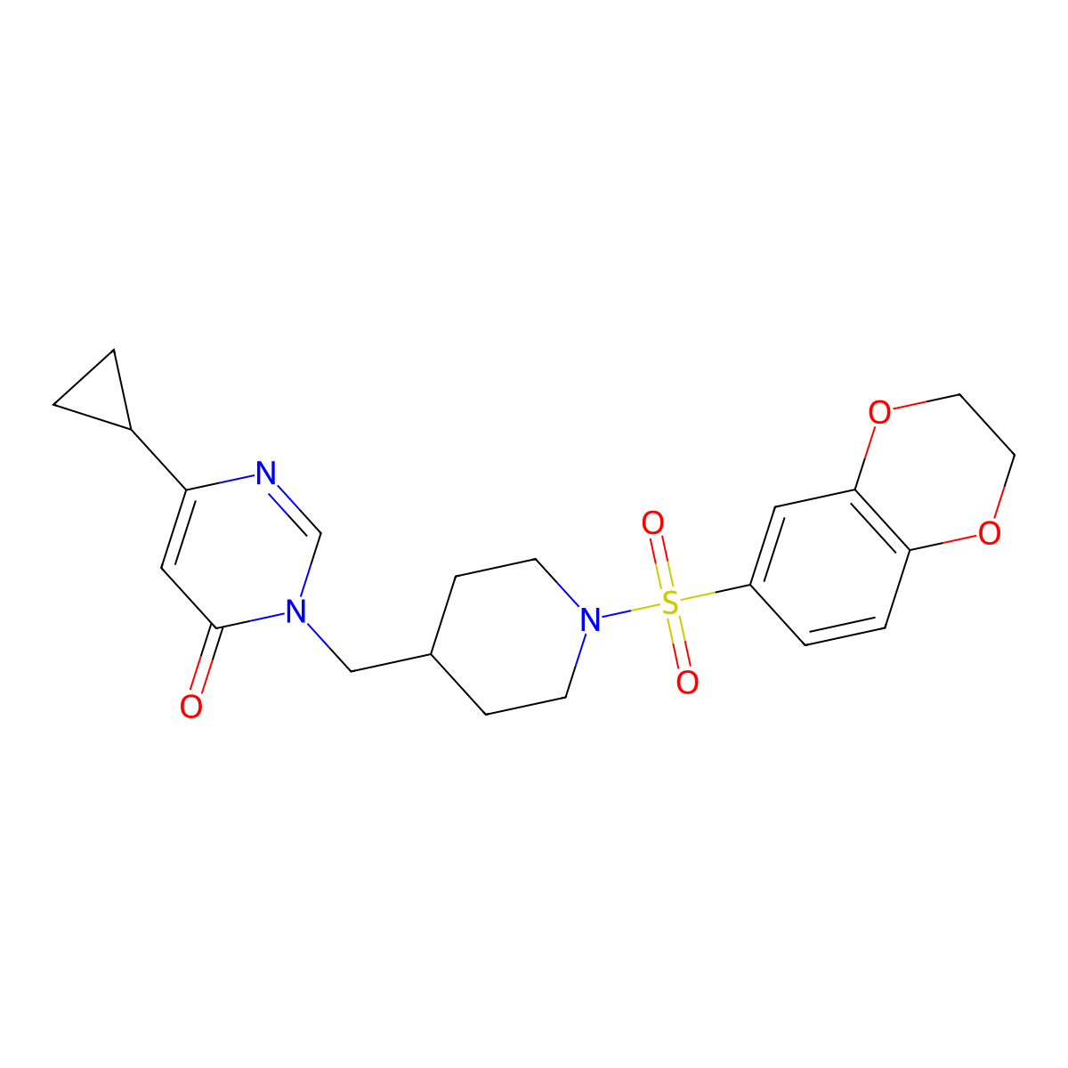 6-Cyclopropyl-3-{[1-(2,3-dihydro-1,4-benzodioxine-6-sulfonyl)piperidin-4-yl]methyl}-3,4-dihydropyrimidin-4-one molecular structure, CAS 2190365-66-1