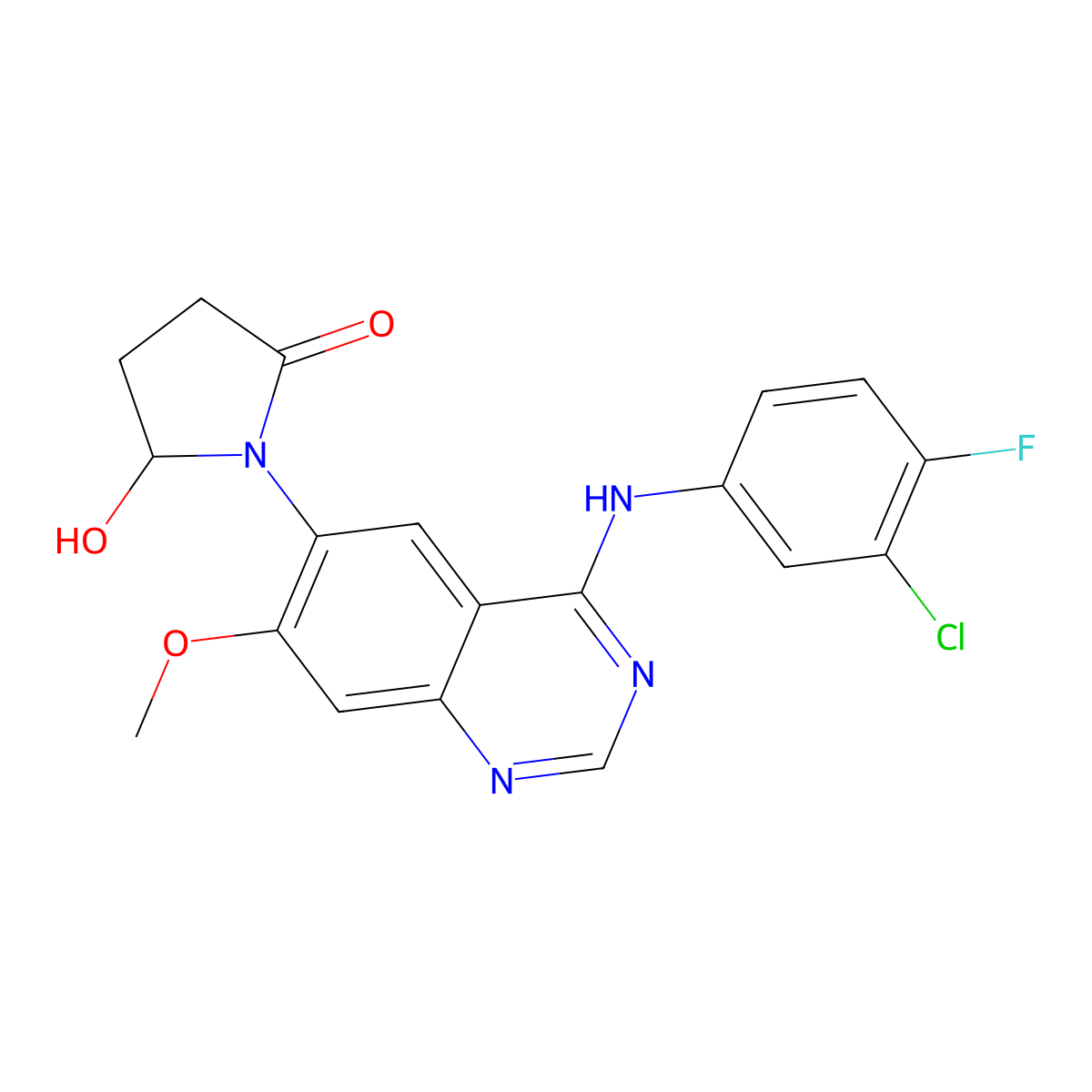 1-(4-((3-Chloro-4-fluorophenyl)amino)-7-methoxyquinazolin-6-yl)-5-hydroxypyrrolidin-2-one (Dacomitinib Impurity) molecular structure, CAS 2190490-31-2