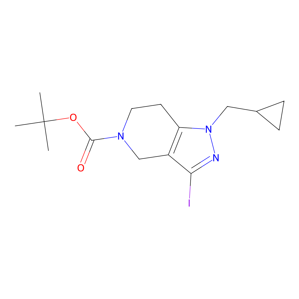 tert-butyl 1-(cyclopropylmethyl)-3-iodo-1H,4H,5H,6H,7H-pyrazolo[4,3-c]pyridine-5-carboxylate molecular structure, CAS 2190525-01-8