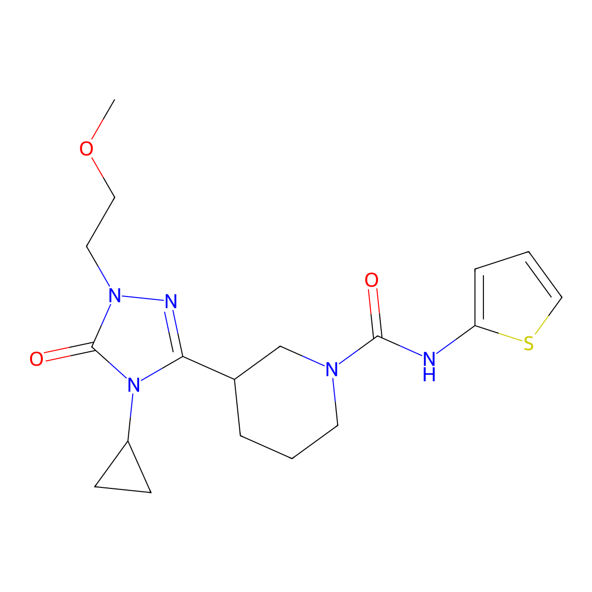 3-[4-cyclopropyl-1-(2-methoxyethyl)-5-oxo-4,5-dihydro-1H-1,2,4-triazol-3-yl]-N-(thiophen-2-yl)piperidine-1-carboxamide molecular structure, CAS 2191212-87-8
