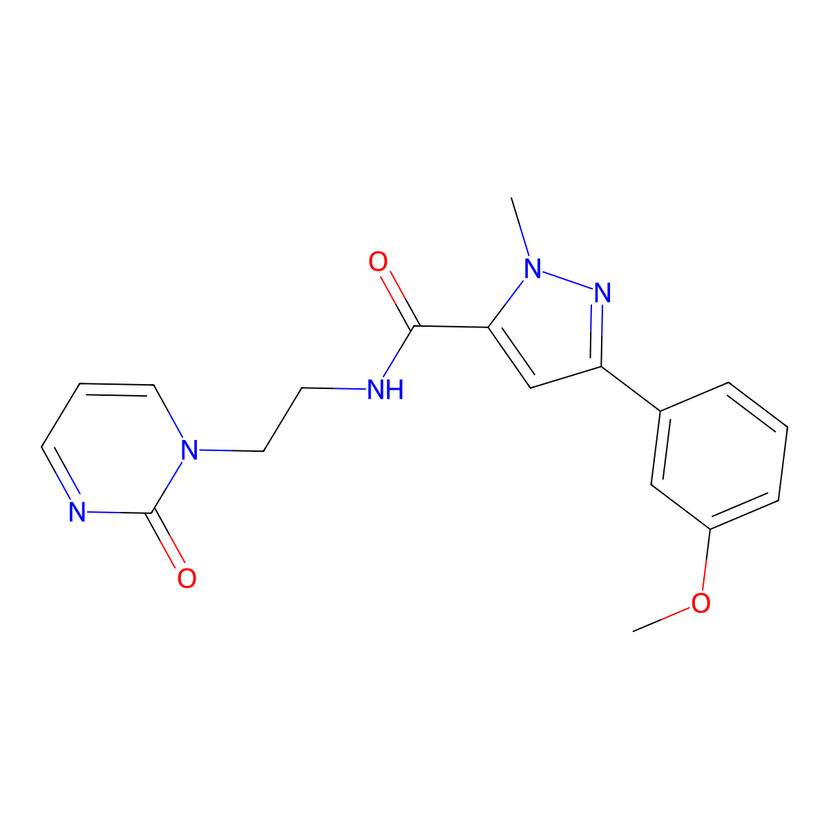 3-(3-methoxyphenyl)-1-methyl-N-[2-(2-oxo-1,2-dihydropyrimidin-1-yl)ethyl]-1H-pyrazole-5-carboxamide molecular structure, CAS 2191213-67-7