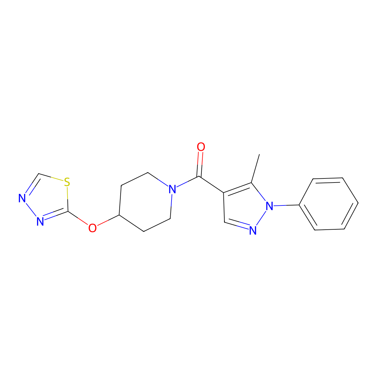 (4-((1,3,4-thiadiazol-2-yl)oxy)piperidin-1-yl)(5-methyl-1-phenyl-1H-pyrazol-4-yl)methanone molecular structure, CAS 2191213-71-3