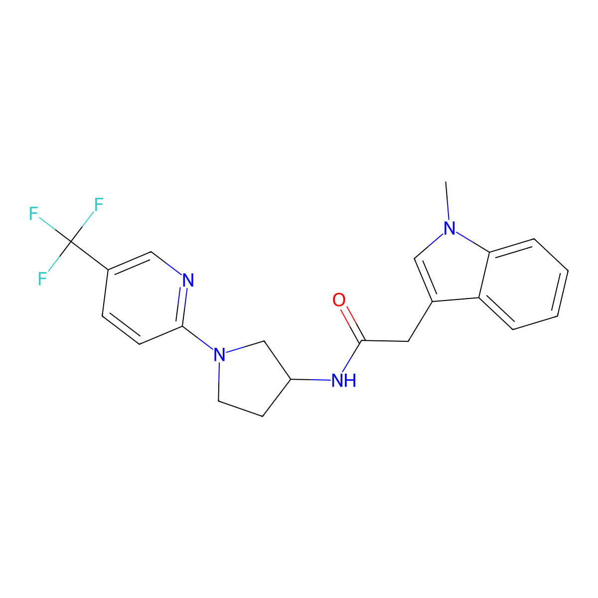 2-(1-methyl-1H-indol-3-yl)-N-{1-[5-(trifluoromethyl)pyridin-2-yl]pyrrolidin-3-yl}acetamide molecular structure, CAS 2191214-04-5