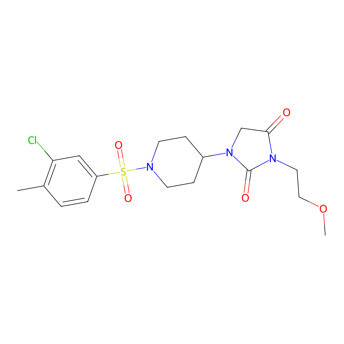 1-(1-((3-Chloro-4-methylphenyl)sulfonyl)piperidin-4-yl)-3-(2-methoxyethyl)imidazolidine-2,4-dione molecular structure, CAS 2191214-29-4