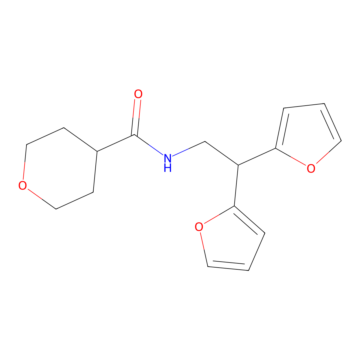N-[2,2-bis(furan-2-yl)ethyl]oxane-4-carboxamide molecular structure, CAS 2191215-35-5