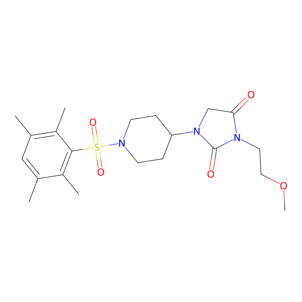 3-(2-Methoxyethyl)-1-(1-((2,3,5,6-tetramethylphenyl)sulfonyl)piperidin-4-yl)imidazolidine-2,4-dione molecular structure, CAS 2191215-65-1