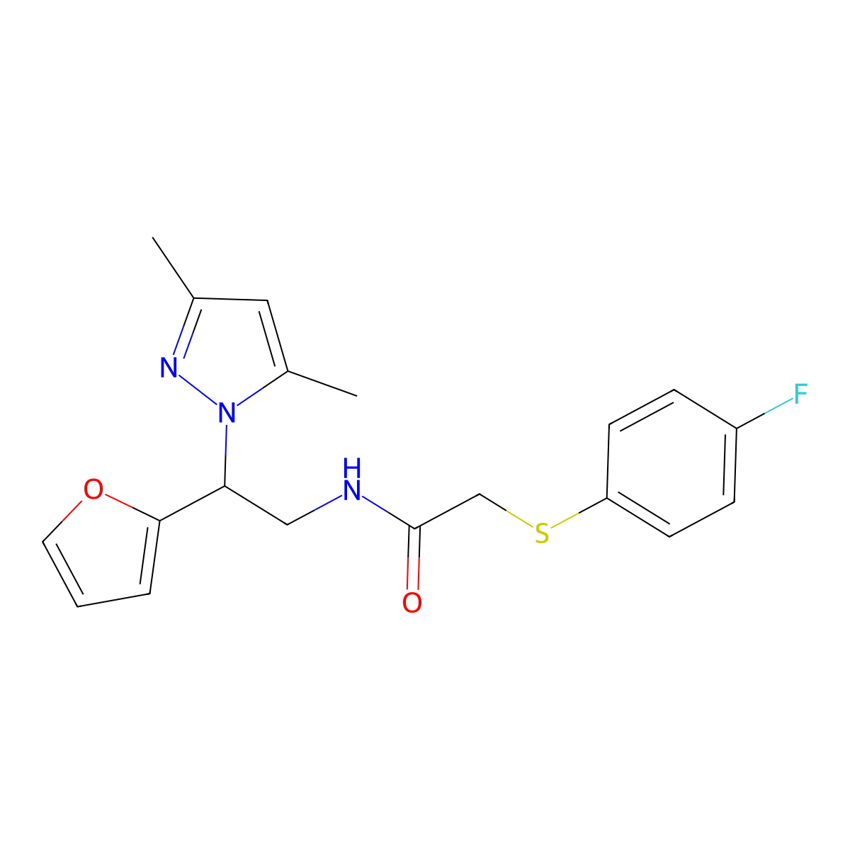 N-[2-(3,5-dimethyl-1H-pyrazol-1-yl)-2-(furan-2-yl)ethyl]-2-[(4-fluorophenyl)sulfanyl]acetamide molecular structure, CAS 2191216-56-3
