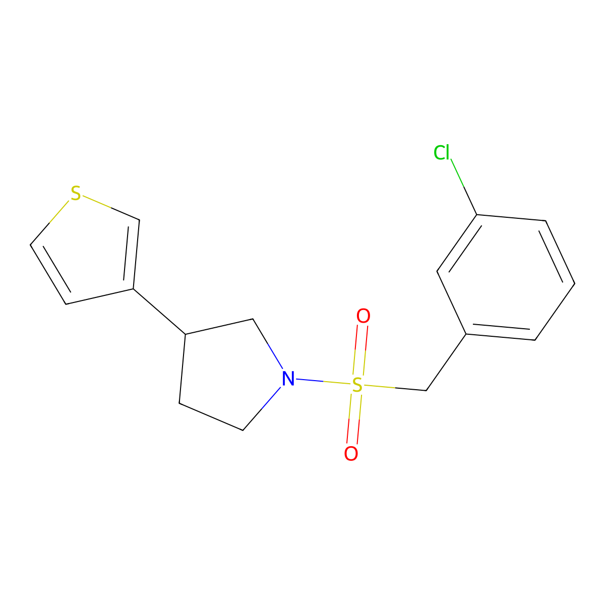 1-((3-Chlorobenzyl)sulfonyl)-3-(thiophen-3-yl)pyrrolidine molecular structure, CAS 2191265-63-9