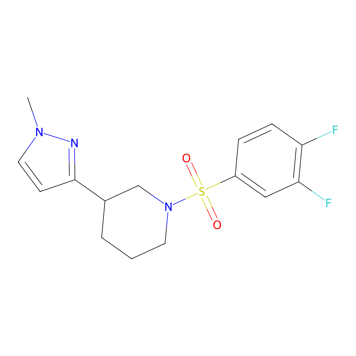 1-((3,4-difluorophenyl)sulfonyl)-3-(1-methyl-1H-pyrazol-3-yl)piperidine molecular structure, CAS 2191265-90-2