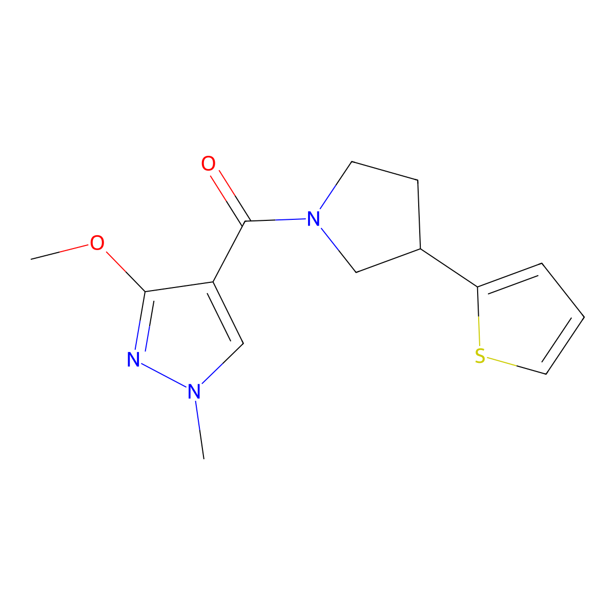 (3-methoxy-1-methyl-1H-pyrazol-4-yl)(3-(thiophen-2-yl)pyrrolidin-1-yl)methanone molecular structure, CAS 2191266-35-8
