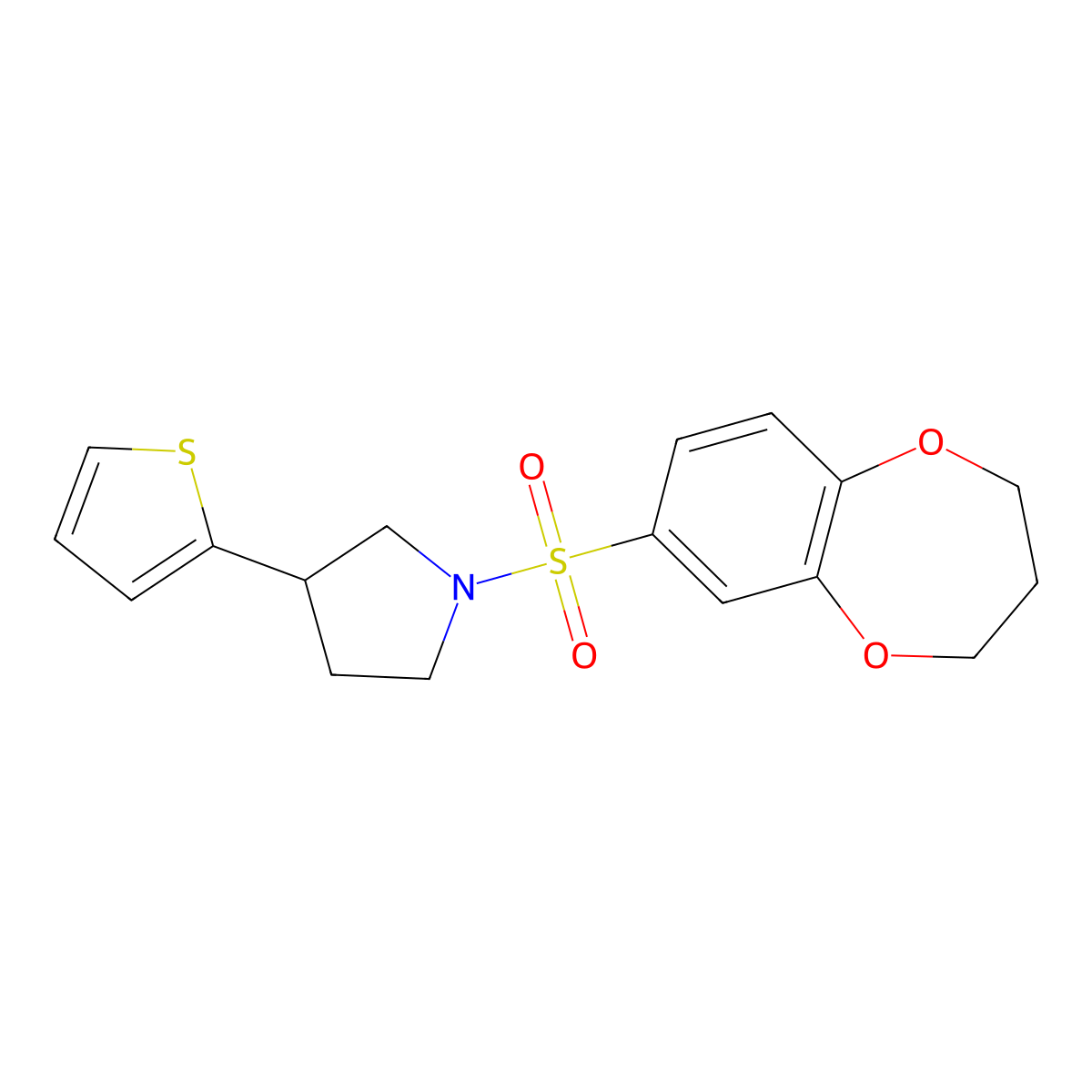 1-(3,4-dihydro-2H-1,5-benzodioxepine-7-sulfonyl)-3-(thiophen-2-yl)pyrrolidine molecular structure, CAS 2191266-56-3