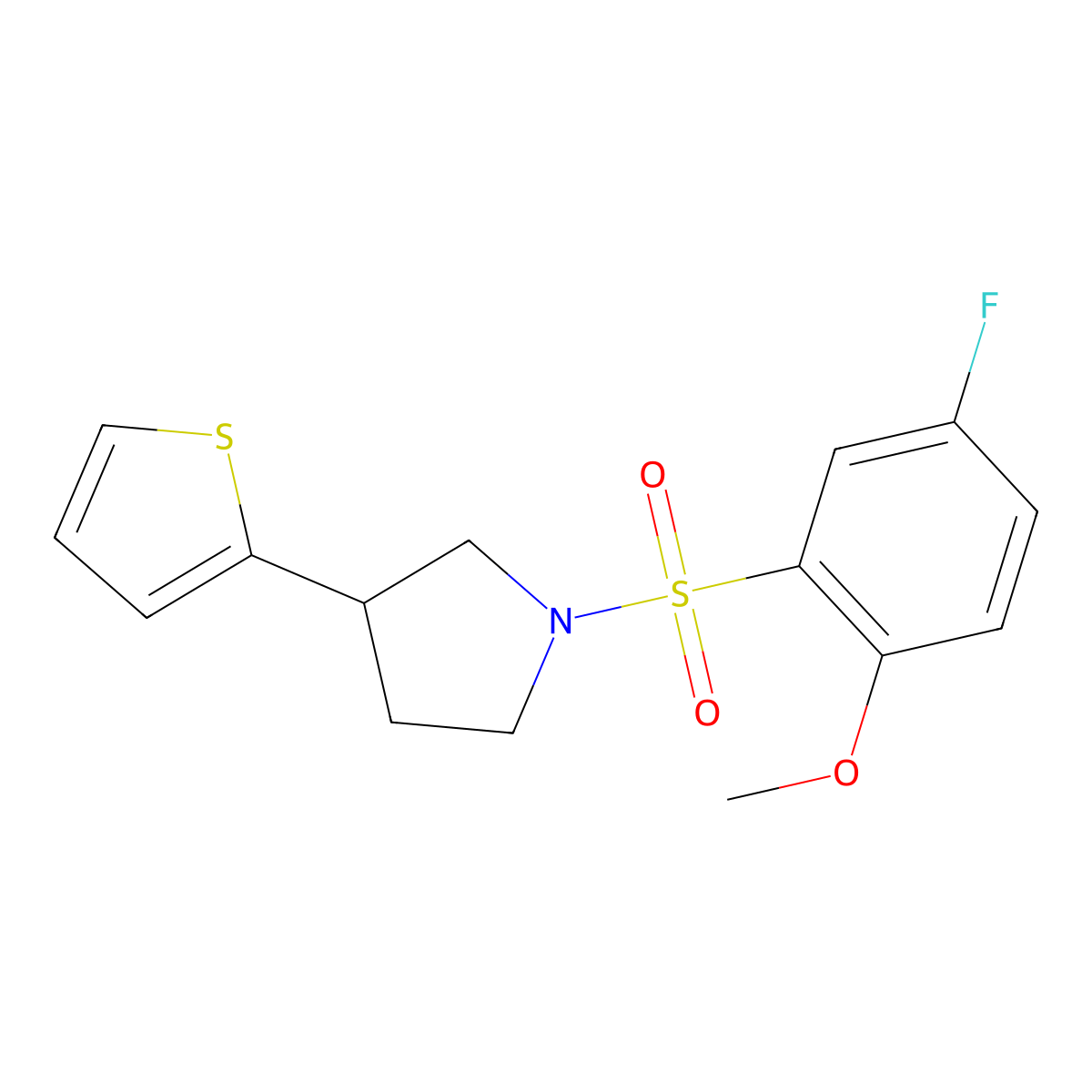 1-((5-Fluoro-2-methoxyphenyl)sulfonyl)-3-(thiophen-2-yl)pyrrolidine molecular structure, CAS 2191266-59-6