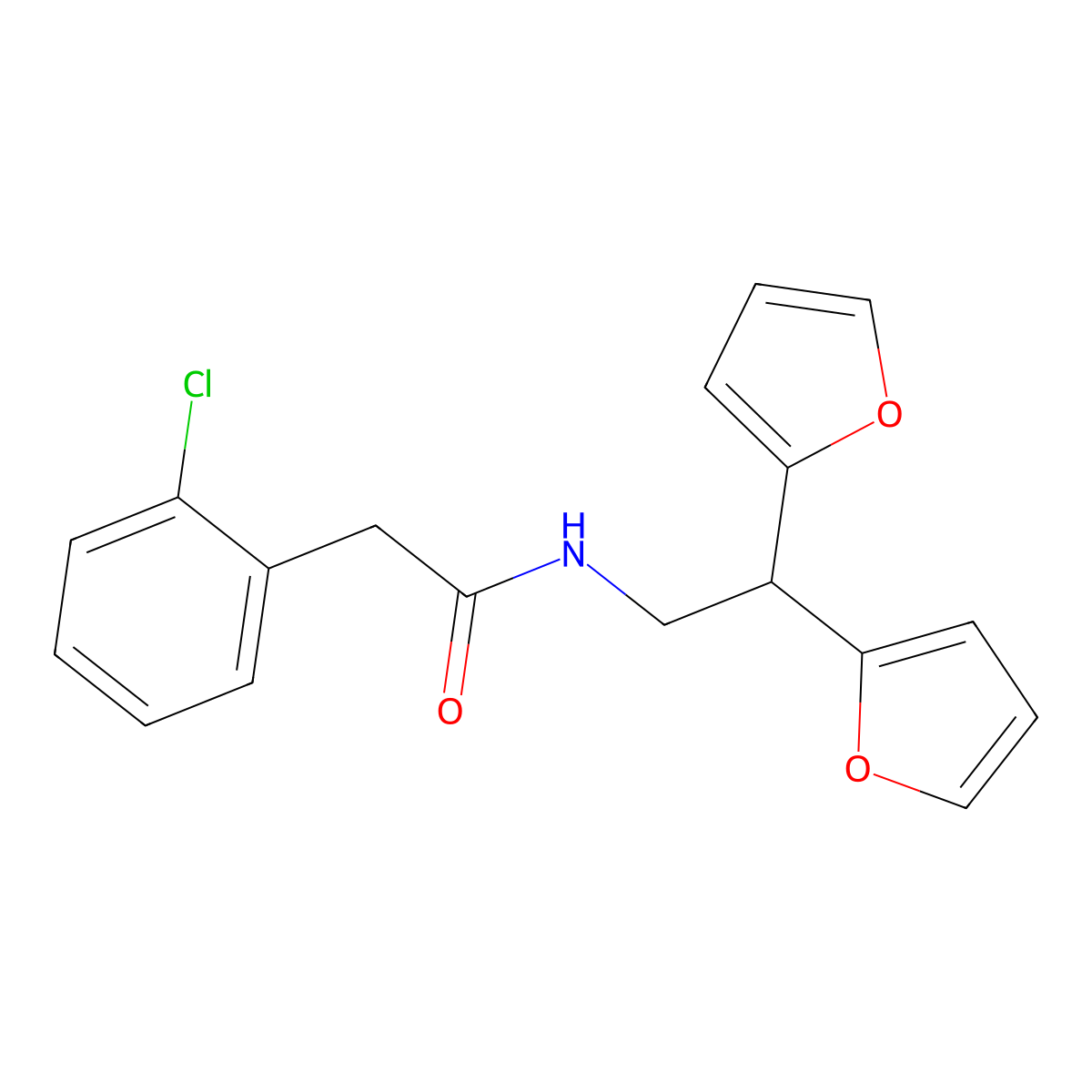 N-[2,2-bis(furan-2-yl)ethyl]-2-(2-chlorophenyl)acetamide molecular structure, CAS 2191266-75-6